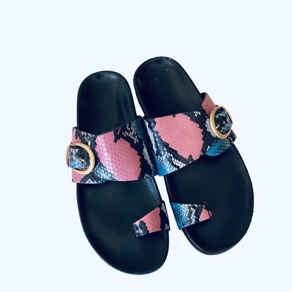 MARION PARKE CYRUS PYTHON PRINT BUCKLE SLIDE SANDALS - Picture 2 of 16